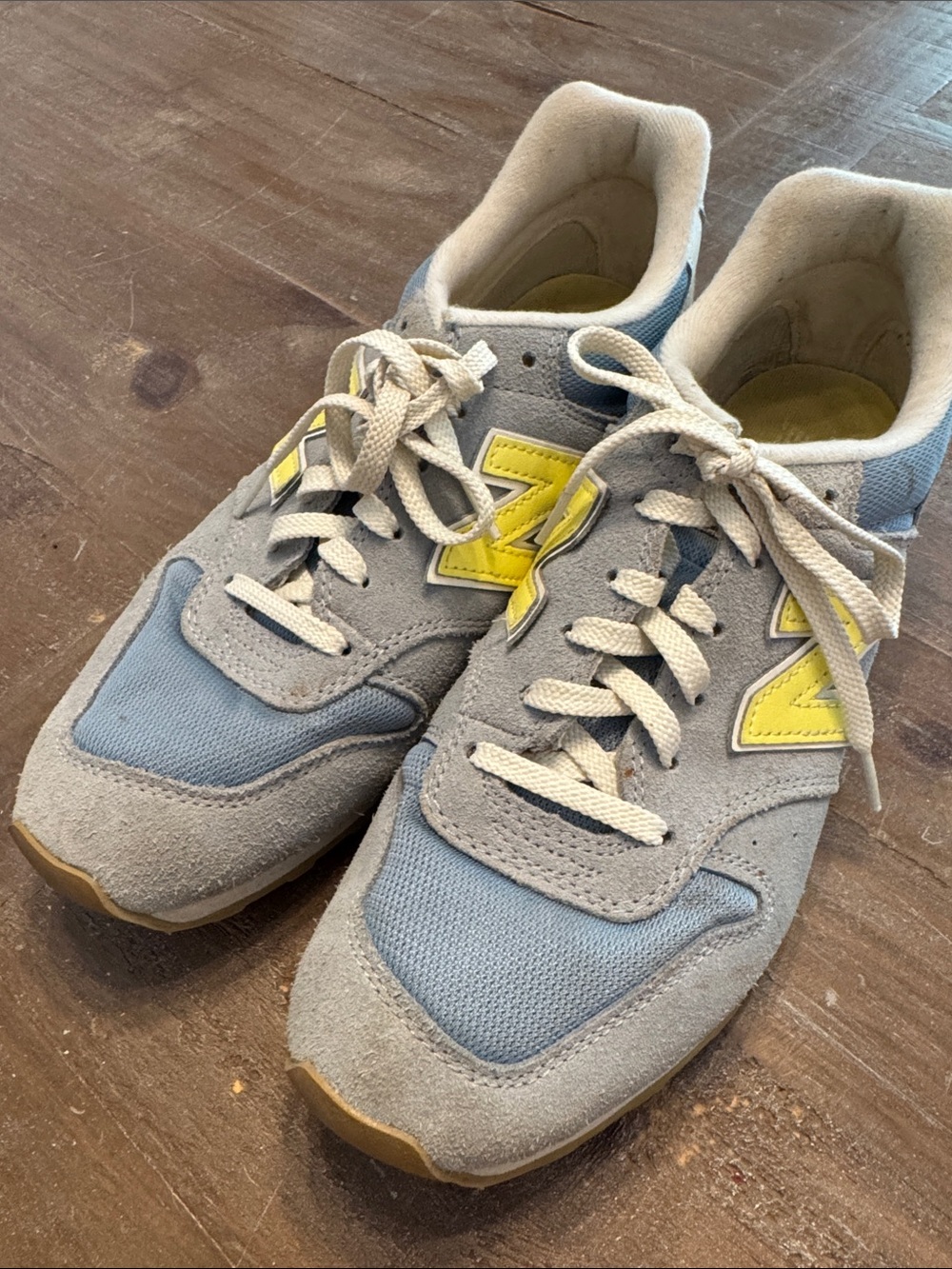 Gray & Light Blue New Balance 996 Sneakers with Yellow Accents